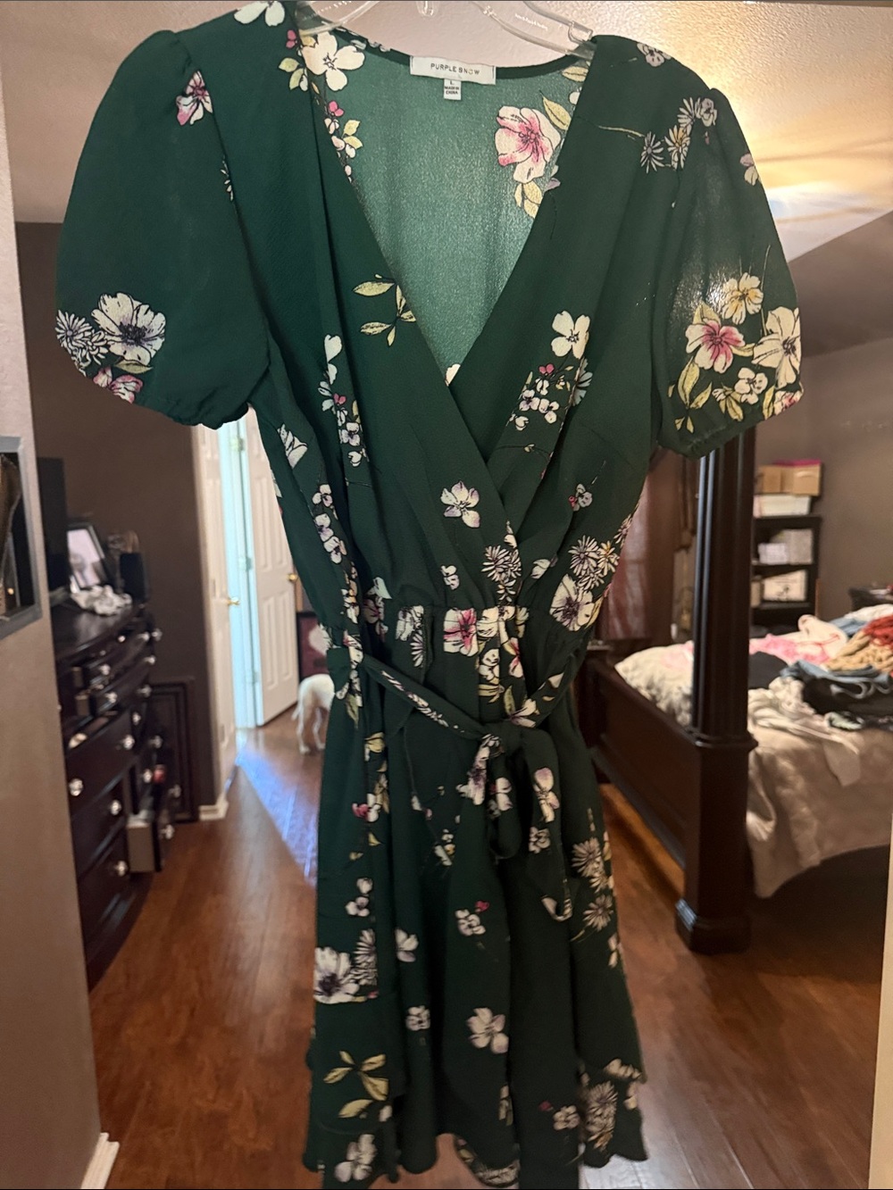 Purple Snow Green Floral Wrap Midi Dress